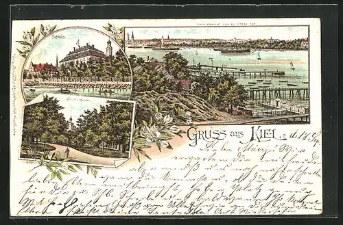 Lithographie Kiel, Schloss und Garten, Ortsansicht