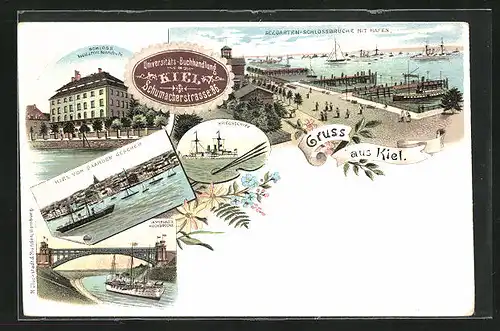 Lithographie Kiel, Seegarten, Schlossbrücke mit Hafen, Kriegsschiff