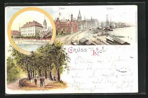 Lithographie Kiel, Schloss, Post, Hafen