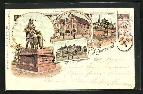 Lithographie Dortmund, Gewerbeschule, Kaiser Wilhelm Denkmal