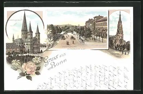 Lithographie Bonn, Kaiserplatz mit Poppelsdorfer Allee, Kirchen