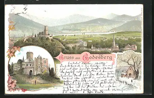 Lithographie Godesberg, Ortsansicht mit Burg