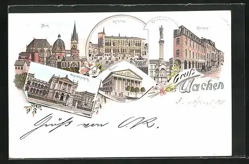 Lithographie Aachen, Dom, Rathaus, Kurhaus