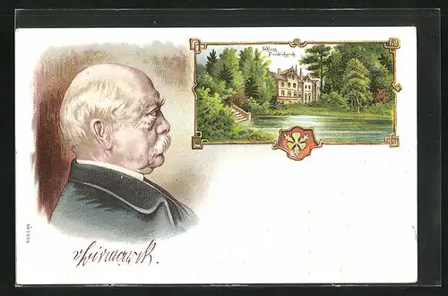 Lithographie Friedrichsruh, Schloss, Portrait Bismarck