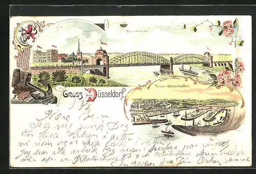 Lithographie Düsseldorf, Neuer Rheinhafen und Rheinbrücke