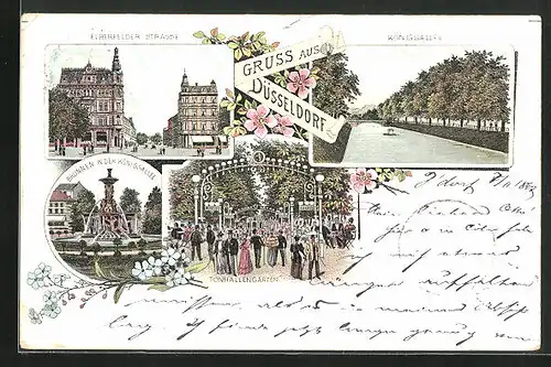 Lithographie Düsseldorf, Brunnen in der Königsallee und Tonhallengarten