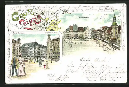 Lithographie Leipzig, Marktplatz, Bismarkhaus und Cafe National