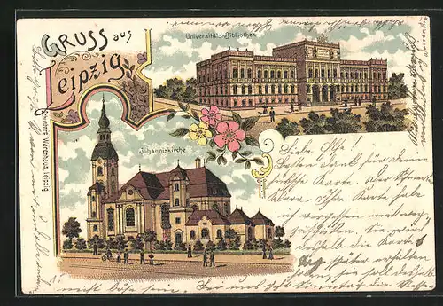 Lithographie Leipzig, Johanniskirche und Universitätsbibliothek