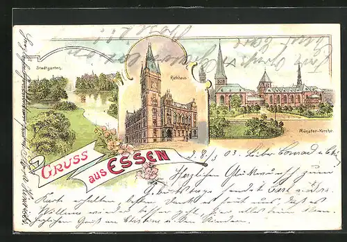 Lithographie Essen, Rathaus und Münster Kirche