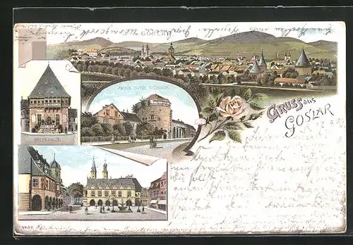 Lithographie Goslar, Pauls Hotel und Thurm, Gildehaus