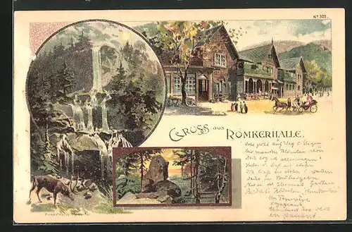 Lithographie Oker, Gasthaus Romkerhalle, Wasserfall