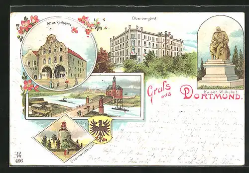 Lithographie Dortmund, Oberbergamt, Altes Rathaus, Kaiser Wilhelm I. Denkmal