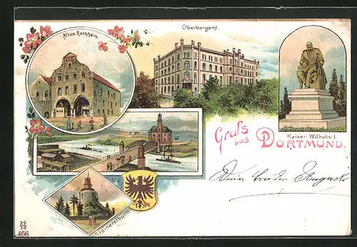 Lithographie Dortmund, Altes Rathaus, Oberbergamt, Steinersthurm