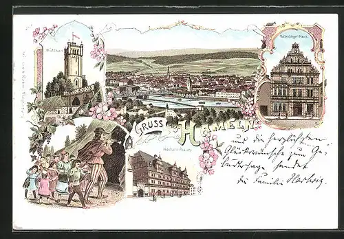 Lithographie Hameln, Rattenfängerhaus, Hochzeitshaus, Klütthurm