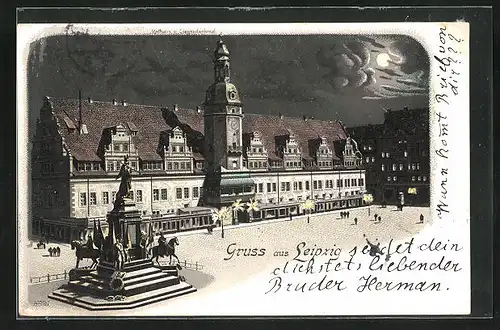 Mondschein-Lithographie Leipzig, Marktplatz und Denkmal