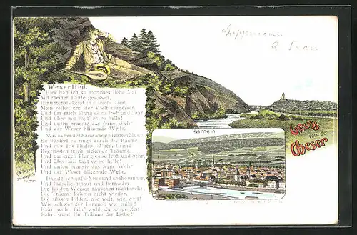Lithographie Hameln, Ort und Landschaft, Weserlied