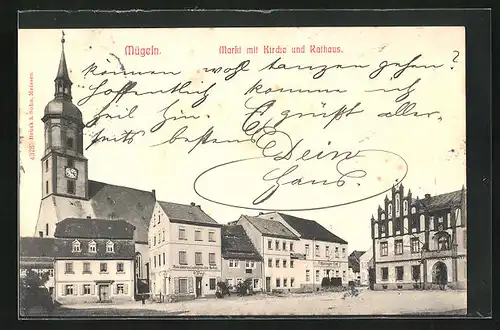 AK Mügeln, Markt mit Kirche und Rathaus