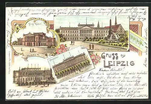 Lithographie Leipzig, Neues Theater, Universität, Museum