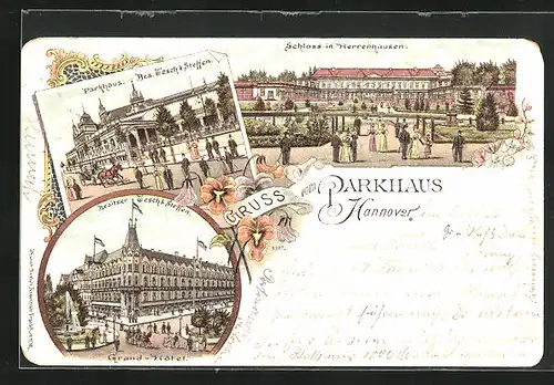 Lithographie Hannover-Herrenhausen, Grand Hotel, Restaurant Parkhaus