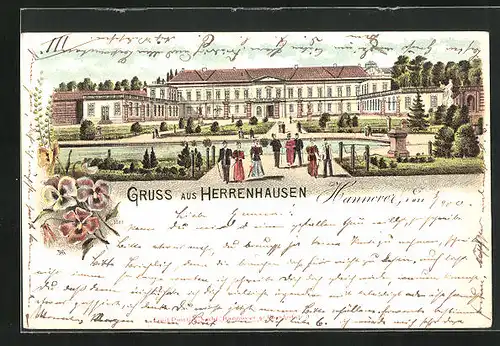 Lithographie Hannover-Herrenhausen, Besucher vorm Schloss