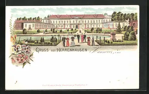 Lithographie Hannover-Herrenhausen, Besucher am Schloss