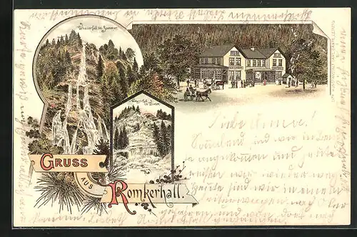 Lithographie Goslar-Oker, Gasthaus Romkerhall, Wasserfall