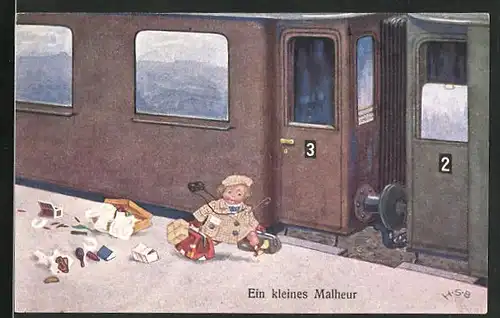 Künstler-AK H.S.B.: Ein kleines Malheur, Kind hat am Bahnsteig Koffer verloren
