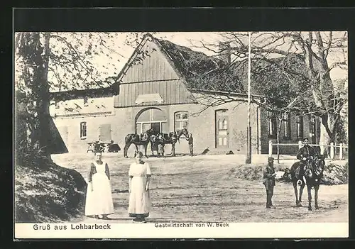AK Lohbarbek, Gastwirtschaft von W. Beck mit Pferden