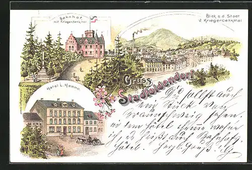 Lithographie Stadtoldendorf, Hotel L. Hemme, Bahnhof mit Kriegerdenkmal, Blick a. d. Stadt v. Kriegerdenkmal