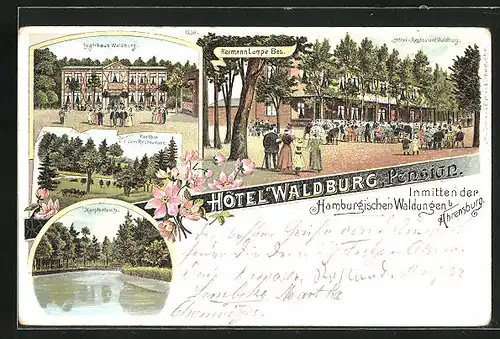Lithographie Ahrensburg, Hôtel Waldburg, Ortspartie, Karpfenteich