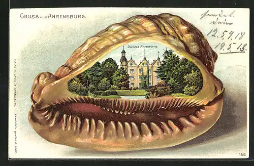 Passepartout-Lithographie Ahrensburg, Schloss Ahrensburg in einer Muschel