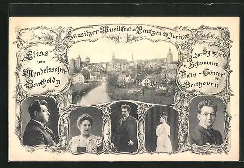 AK Bautzen, Lausitzer Musikfest 1905, Gesamtansicht der Stadt, Sängerfest