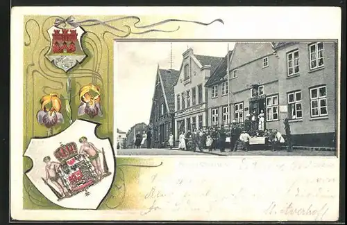 Passepartout-Lithographie Kellinghusen, Einwohner vor der Tonhalle, Wappen