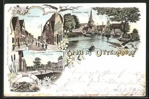 Lithographie Otterndorf, Villenstrasse, Marktstrasse, Fluss Meden u. Hafen