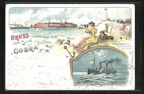 Lithographie Helgoland, Insel von der Düne gesehen, Passagierschiff Cobra bei Nacht