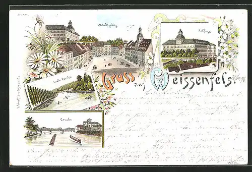 Lithographie Weissenfels /Saale, Marktplatz, Schloss, Brücke