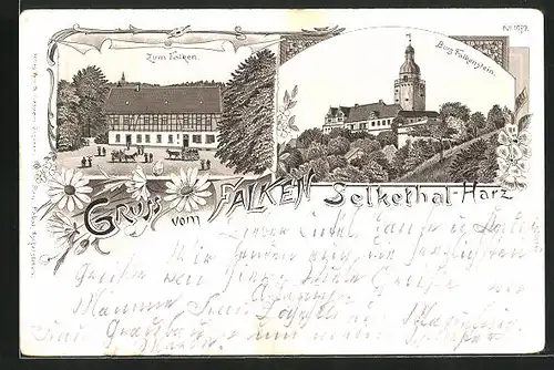 Lithographie Falkenstein /Harz, Gasthaus zum Falken, Blick zur Burg