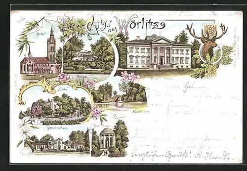 Lithographie Wörlitz, Herzogl. Schloss, Gothisches Haus, Pantheon