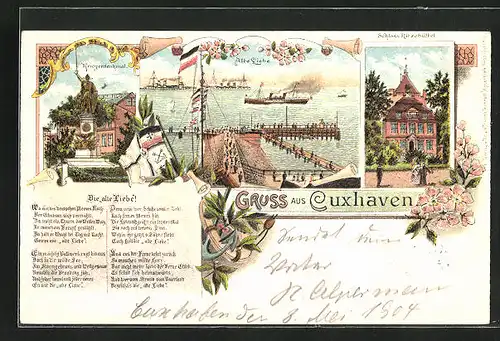 Lithographie Cuxhaven, Schloss Ritzebüttel, Alte Liebe, Kriegerdenkmal