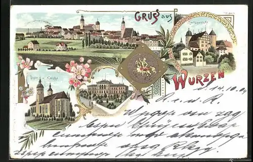 Lithographie Wurzen, Amtsgericht, Gymnasium, Dom-Kirche