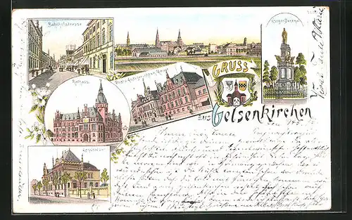 Lithographie Gelsenkirchen, Bahnhofstrasse, Landratsamt, Rathaus