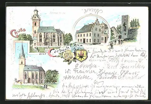Lithographie Corbach, Kilians-Kirche, Rathaus, Tylenturm