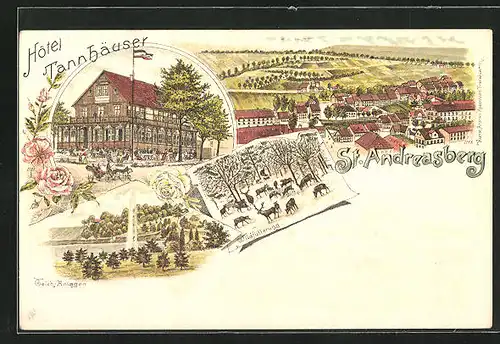 Lithographie St. Andreasberg /Harz, Hotel Tannhäuser, Panoramablick auf den Ort