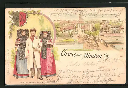 Lithographie Minden / Westfalen, Ortsansicht, Personen in Trachten