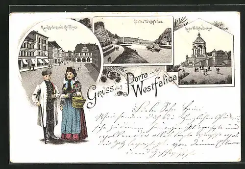 Lithographie Porta Westfalica, Marktplatz mit Rathaus, Kasier Wilhelm Denkmal