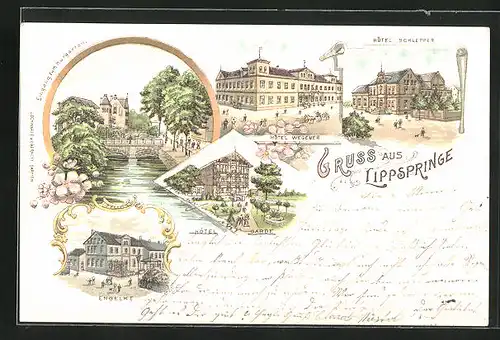 Lithographie Lippspringe, Hotel Wegener, Hotel Garbe