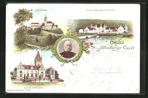 Lithographie Seitenroda / Altenburger Land, Leuchtenburg, Schloss Hummelshain, Ernst Herzog von Sachsen-Altenburg