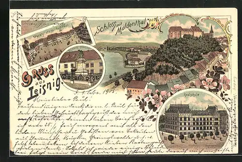 Lithographie Leisnig, Marktplatz mit Rathaus, Schloss mit Muldenthal