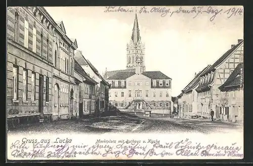 AK Lucka, Marktplatz mit Rathaus u. Kirche