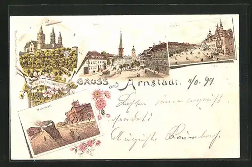 Lithographie Arnstadt, Liebfrauenkirche, Bahnhof, Ried